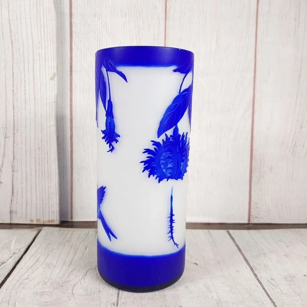 Vintage Emile Galle Cameo Glass Vase Signed REPRODUCTION Blue White Bird Flowers